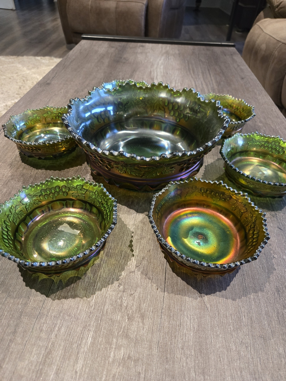 ANTIQUE NORTHWOOD Green Carnival Grape Cable Glass Berry Bowl Master W 6 Bowls